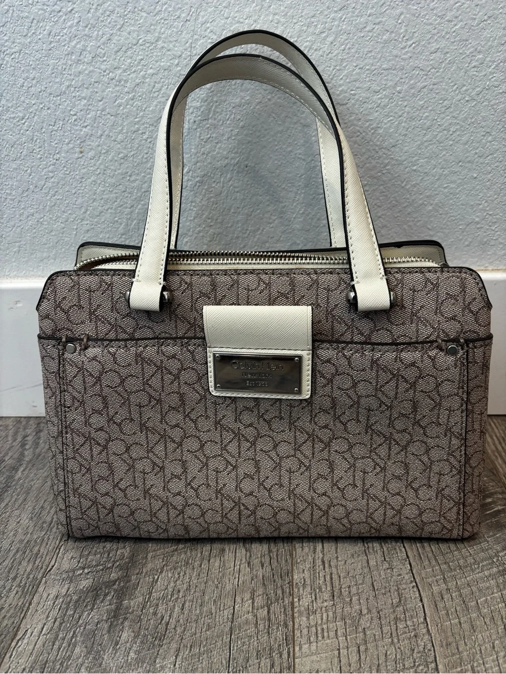 Calvin Klein Cream and Brown Logo-Print Satchel